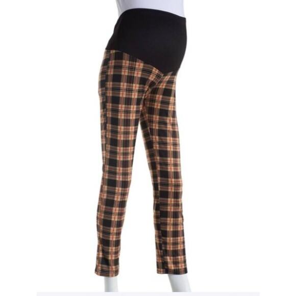 Due Time Maternity Over the Belly Elastic Waist Leggings Taupe Rust Plaid - Picture 1 of 5
